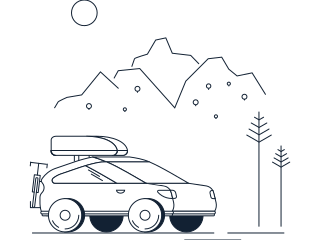 Strichzeichnung eines KFZ mit Fahrradanhänger und Dachkoffer