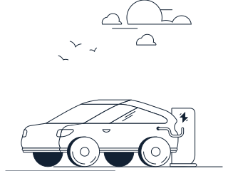 Strichzeichnung eines E-Autos, das an einer Ladesäule Strom tankt