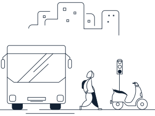 Strichzeichnung eines Fahrgastes, der einen Bus verlässt und zu einem Elektroroller läuft