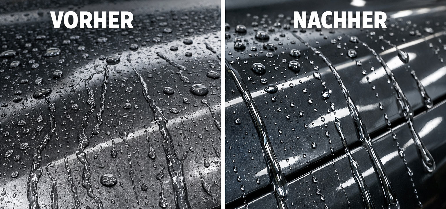 Abperlendes Wasser auf einer unbehandelten und einer keramikversiegelten Karosserie